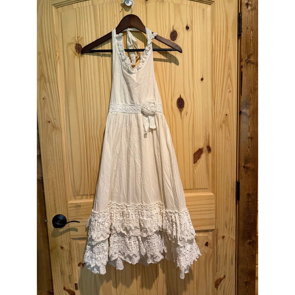 Mustard Pie Girls Cream Cotton Halter Dress Crochet Lace Ruffle Boho Size 6